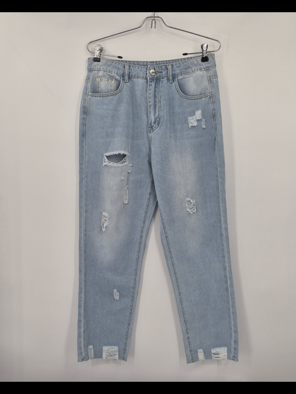 Unbranded Light Wash Distressed Ripped Raw Hem Jeans Size L High Rise Light Blue